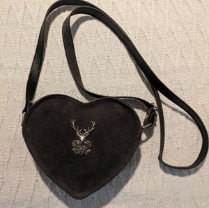 Grey, faux leather, German Trachten heart purse with stag head.